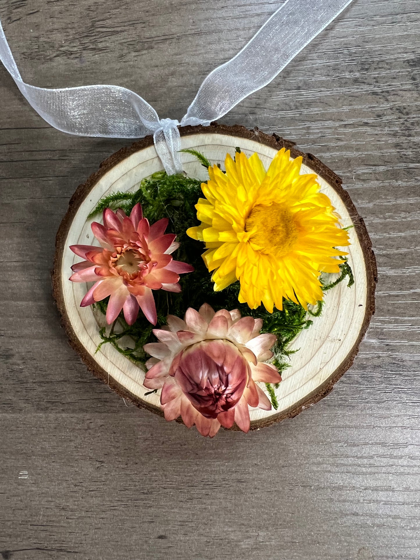 3-4” Wood round ornament with everlasting flowers